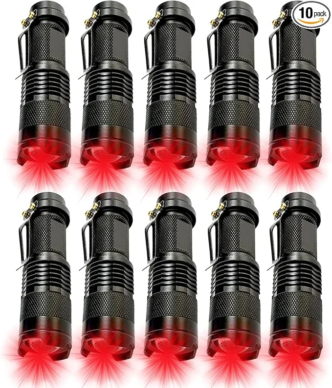10 Pack Red Light Flashlight Single Mode Red Light Torch with Clip Zoomable Red Flashlight for Hunting Astronomy Aviation Night Observation