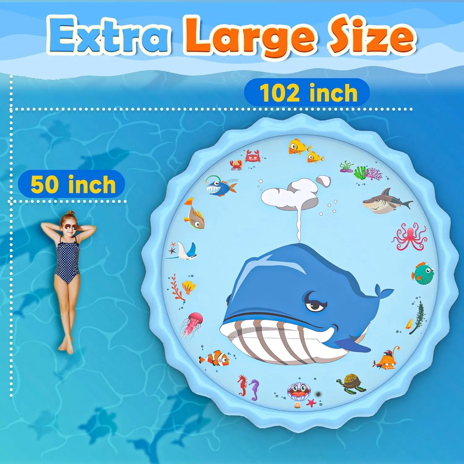 102" Splash Pad, Sprinkler & Splash Play Mat Toys for Kids Water Toys, Inflatable Wading Pool Extra Large Thicker Summer Outdoor Funny Toys for Kids & Dogs