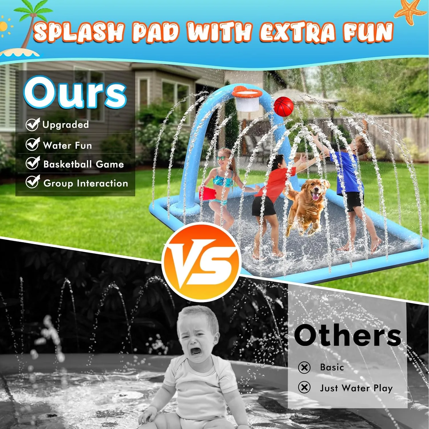 102x87'' Splash Pad with Ball, Basketball Hoop & Arch, Outdoor Water Mat for Kids, Dogs & Adults, Non-Slip Thickened Sprinkler Pad for Backyard Summer Fun