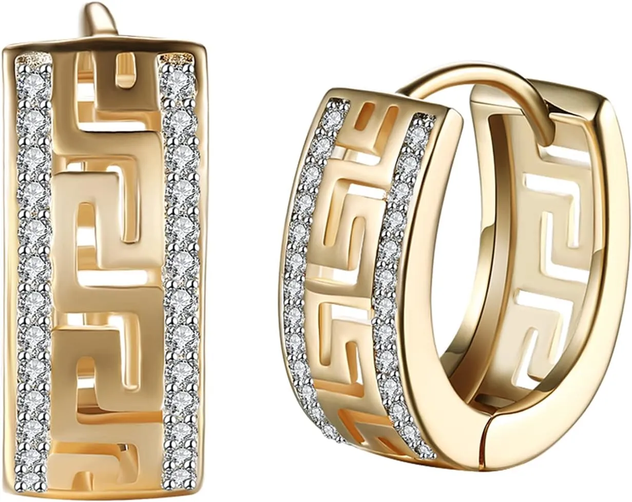 14K Gold Plated Cubic Zirconia Hoop Earrings,Three Row Diamon | Arrows | Double Row of Diamonds Huggie Earrings for Women