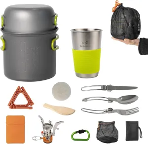 14pcs Camping Cookware Mess Kit with Lightweight Pot, Stove, Spork and Carry Mesh Bag, Great for Backpacking Outdoor Camping Hiking and Picnic