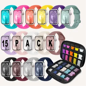 15 Pack Sport Bands with Storage Case Compatible for Apple Watch Band 42mm 44mm 45mm 46mm 49mm 41mm 40mm 38mm Women Men, Silicone Strap Organizer for iWatch Bands Series 10 9 8 7 6 SE 5 4 3 2 1 Ultra