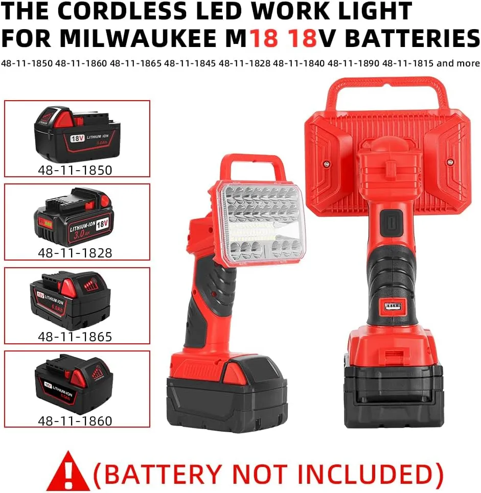 18W Work Light Compatible with Milwaukee M18 18V Lithium-Ion Batteries, 2000LM Flashlight with USB Port, Spotlight with 3 Modes & 90 Degree Pivoting Head(Battery Not Included)