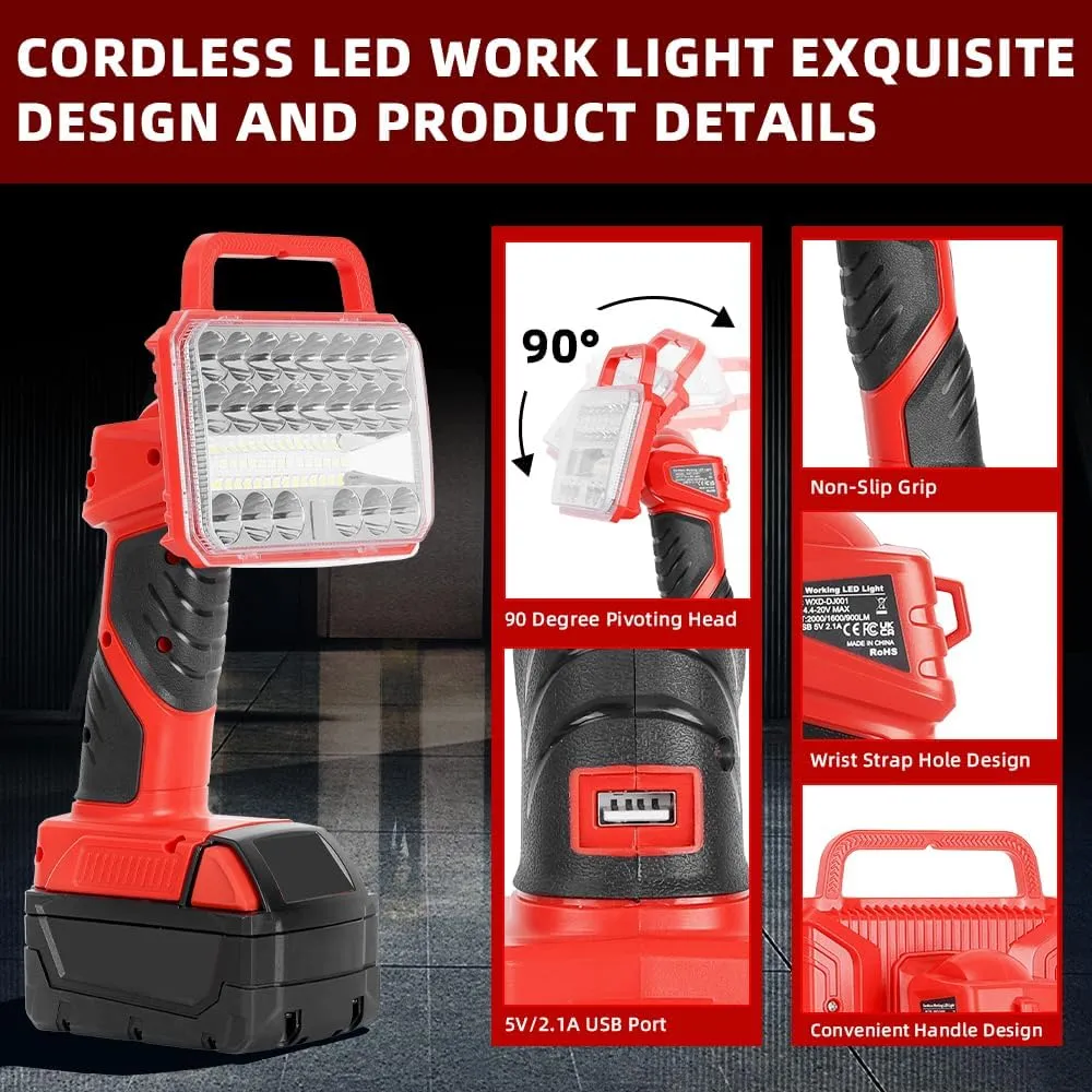 18W Work Light Compatible with Milwaukee M18 18V Lithium-Ion Batteries, 2000LM Flashlight with USB Port, Spotlight with 3 Modes & 90 Degree Pivoting Head(Battery Not Included)