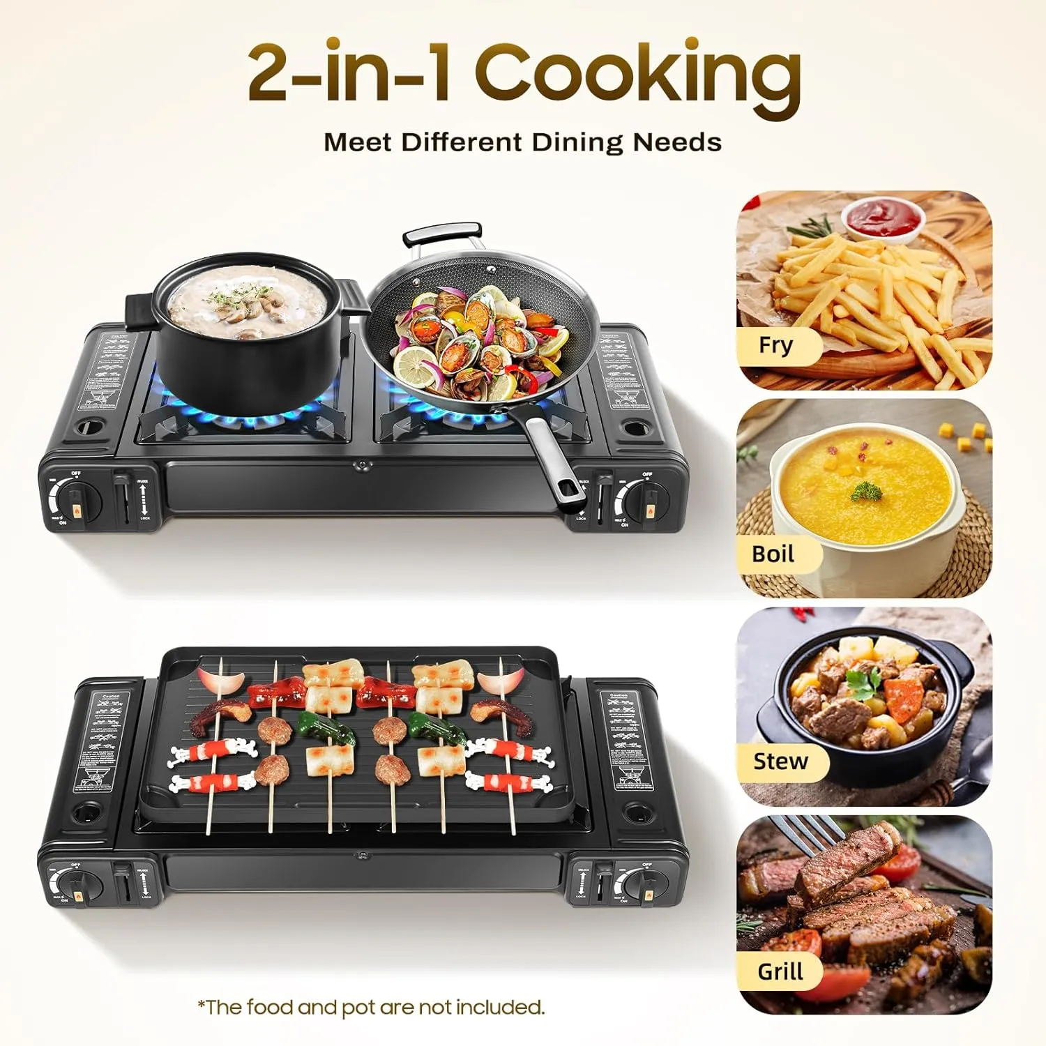 2-Burner Portable Camping Stove, Butane Camping Stove, Outdoor Travel Camp Stove for Camping, BBQ, Home (with Grill Tray)