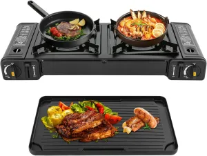 2-Burner Portable Camping Stove, Butane Camping Stove, Outdoor Travel Camp Stove for Camping, BBQ, Home (with Grill Tray)