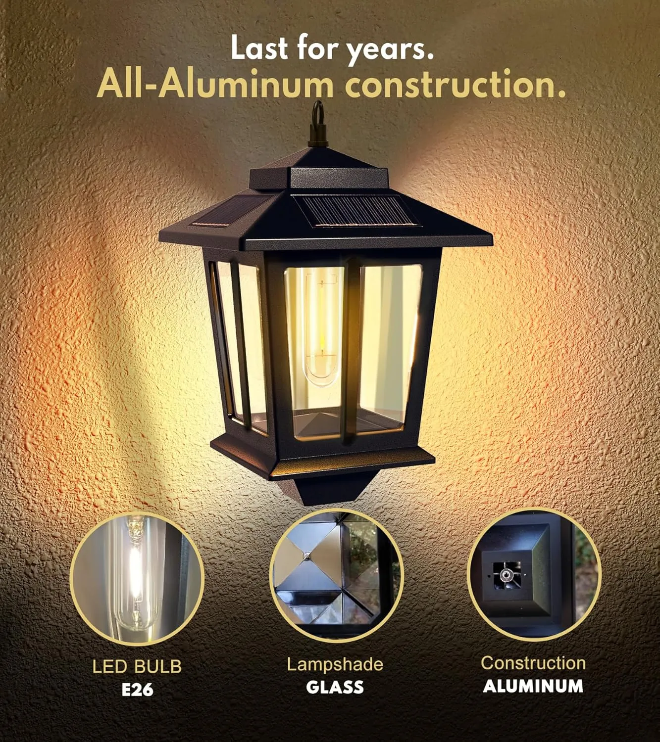 2 Pack Hanging Solar Lantern, Aluminum Outdoor Hanging Solar Lights with 4 Solar Panels, Dusk to Dawn Led Outdoor Solar Lanterns, Anti-Rust Waterproof Solar Wall Lanterns with Hooks, 3000K Warm White