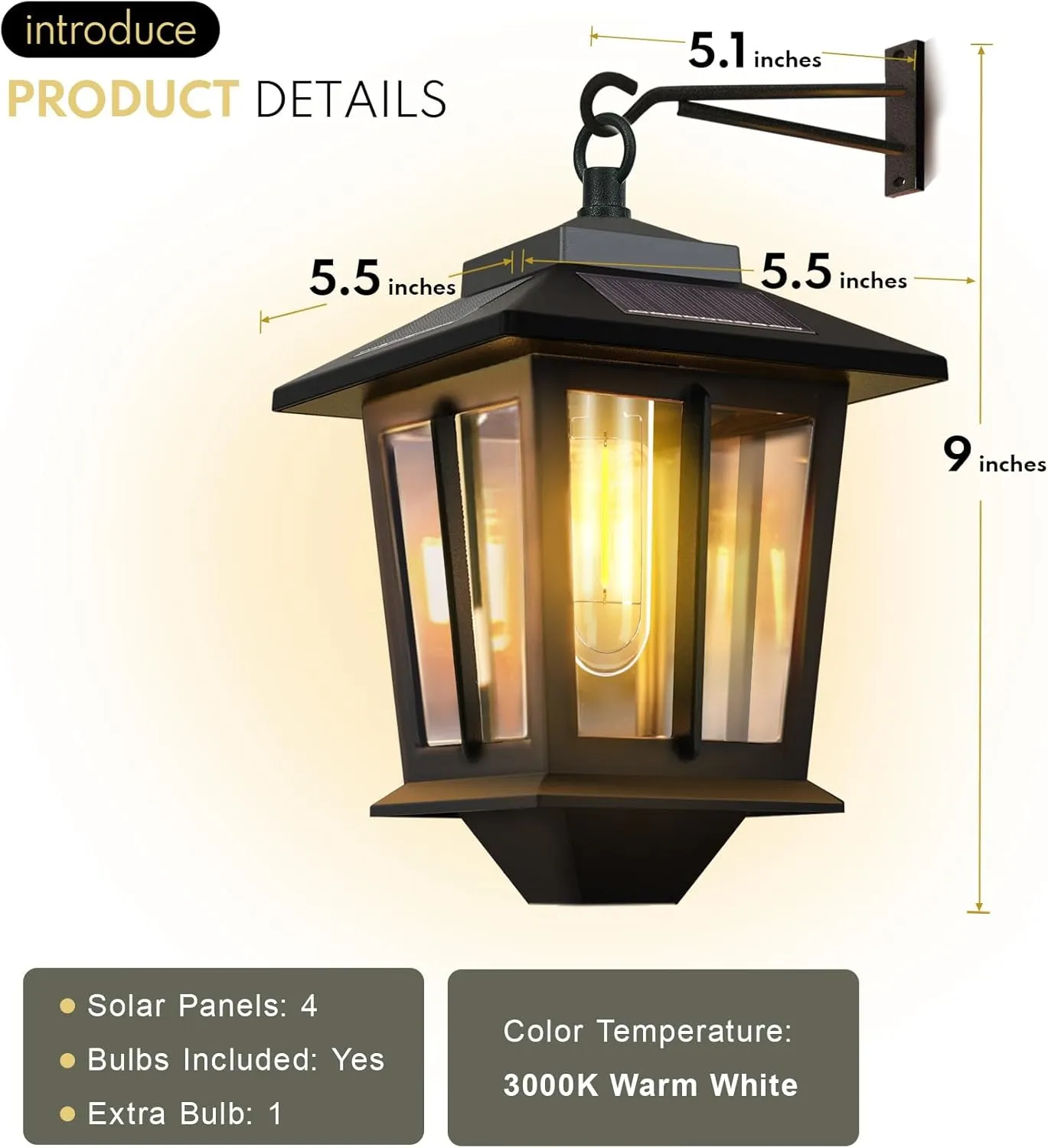 2 Pack Hanging Solar Lantern, Aluminum Outdoor Hanging Solar Lights with 4 Solar Panels, Dusk to Dawn Led Outdoor Solar Lanterns, Anti-Rust Waterproof Solar Wall Lanterns with Hooks, 3000K Warm White