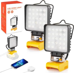 2 Pcs Work Light for Dewalt 18v 20v Battery, 50W 5400LM Flashlight, Cordless LED Flood Light, Battery Lithium Light with USB&Type-C Charging Port for Camping, Outdoors, Workshop