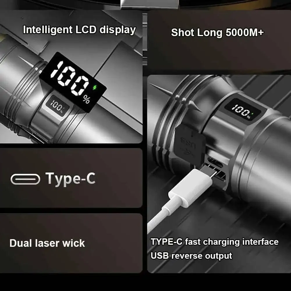 2025 Latest 3000 Watt Dual Light Source White and Yellow Laser Super Bright Flashlight Tactical Aluminum Flashlight Emergency Spotlight
