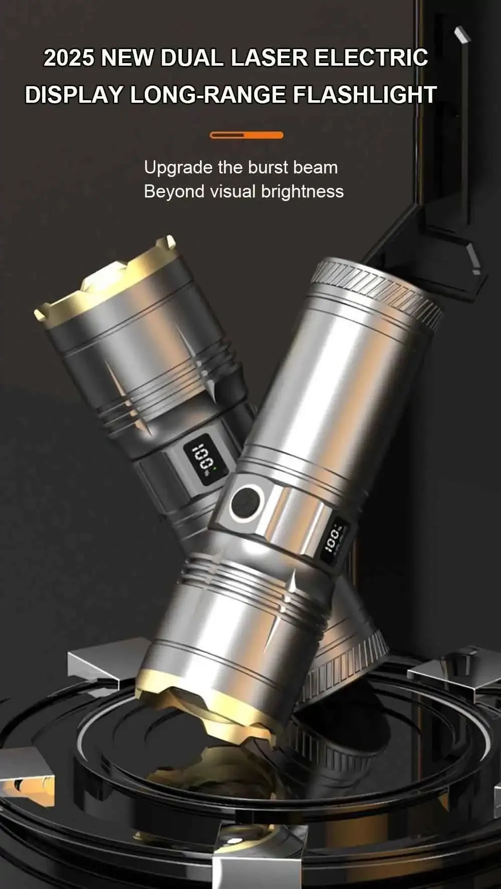 2025 Latest 3000 Watt Dual Light Source White and Yellow Laser Super Bright Flashlight Tactical Aluminum Flashlight Emergency Spotlight