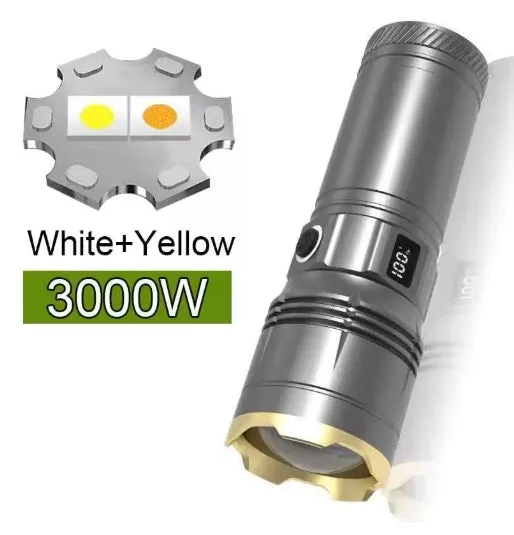 2025 Latest 3000 Watt Dual Light Source White and Yellow Laser Super Bright Flashlight Tactical Aluminum Flashlight Emergency Spotlight