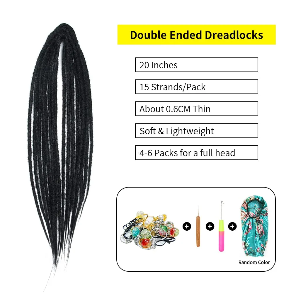 20" Double Ended Dreadlock Extensions 15 Strands Black DE Soft Synthetic Handmade Braid Dread Extensions