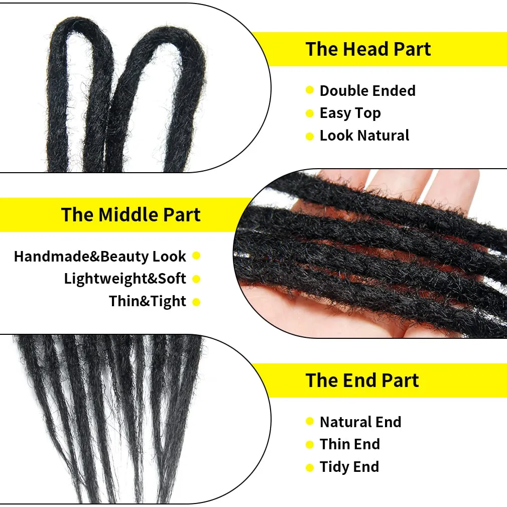 20" Double Ended Dreadlock Extensions 15 Strands Black DE Soft Synthetic Handmade Braid Dread Extensions