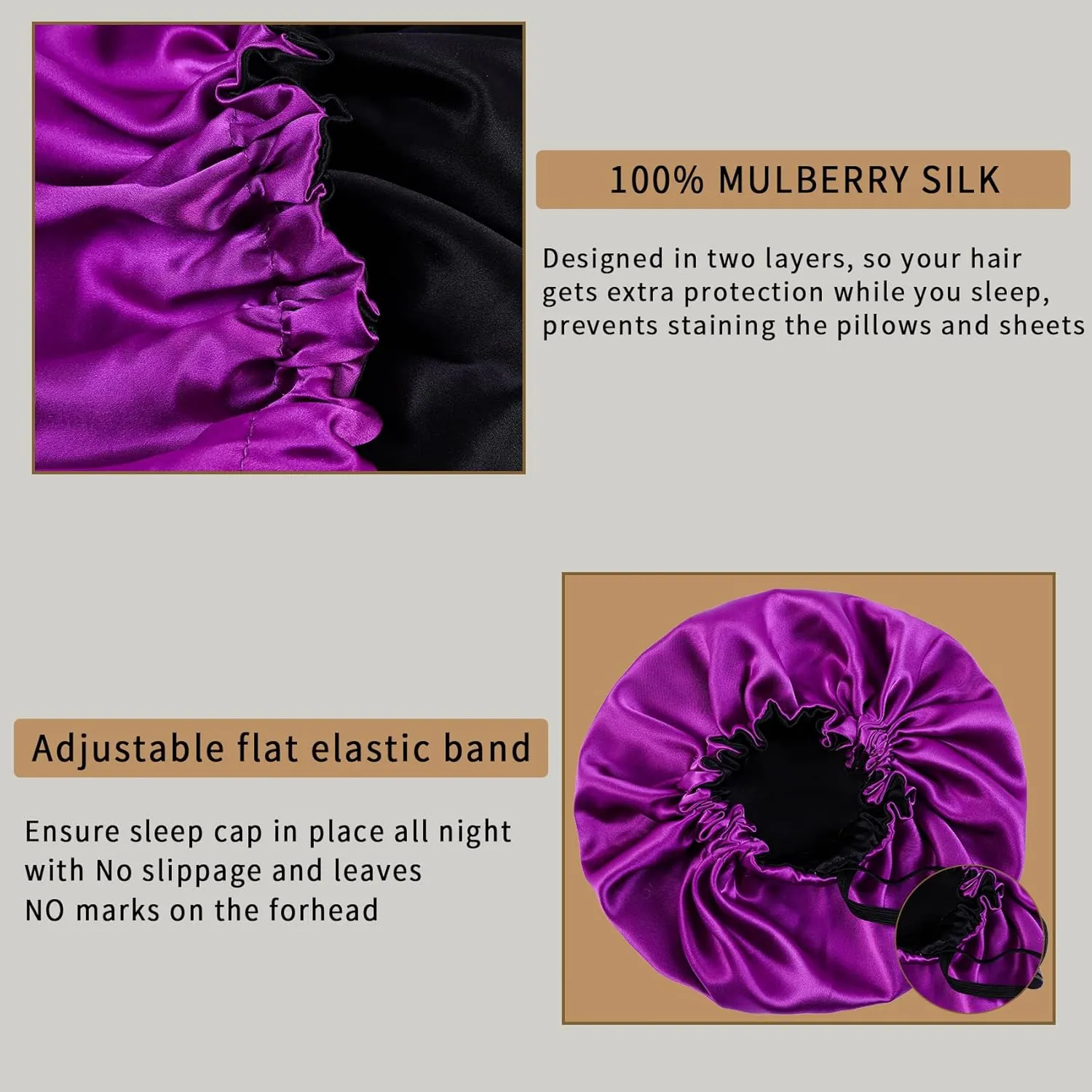 22 Momme 100% Mulberry Silk Bonnet Hair Wrap for Sleeping, Adjustable Silk Scrunchies Sleep Cap for Women Men Hair Care, Head Scarf Night Caps with Elastic Stay On Head, 1Pc(Purple,Black)