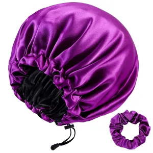 22 Momme 100% Mulberry Silk Bonnet Hair Wrap for Sleeping, Adjustable Silk Scrunchies Sleep Cap for Women Men Hair Care, Head Scarf Night Caps with Elastic Stay On Head, 1Pc(Purple,Black)