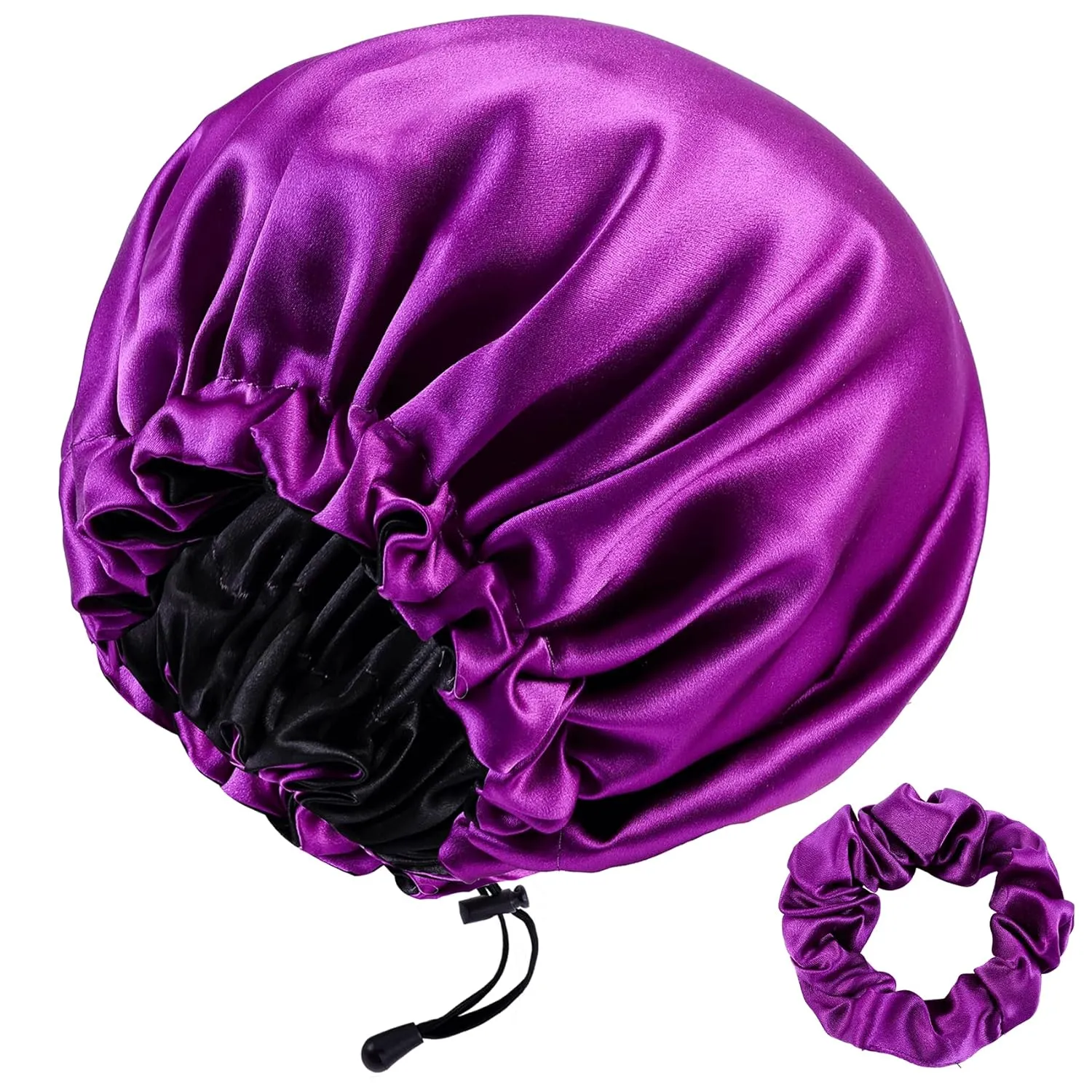 22 Momme 100% Mulberry Silk Bonnet Hair Wrap for Sleeping, Adjustable Silk Scrunchies Sleep Cap for Women Men Hair Care, Head Scarf Night Caps with Elastic Stay On Head, 1Pc(Purple,Black)