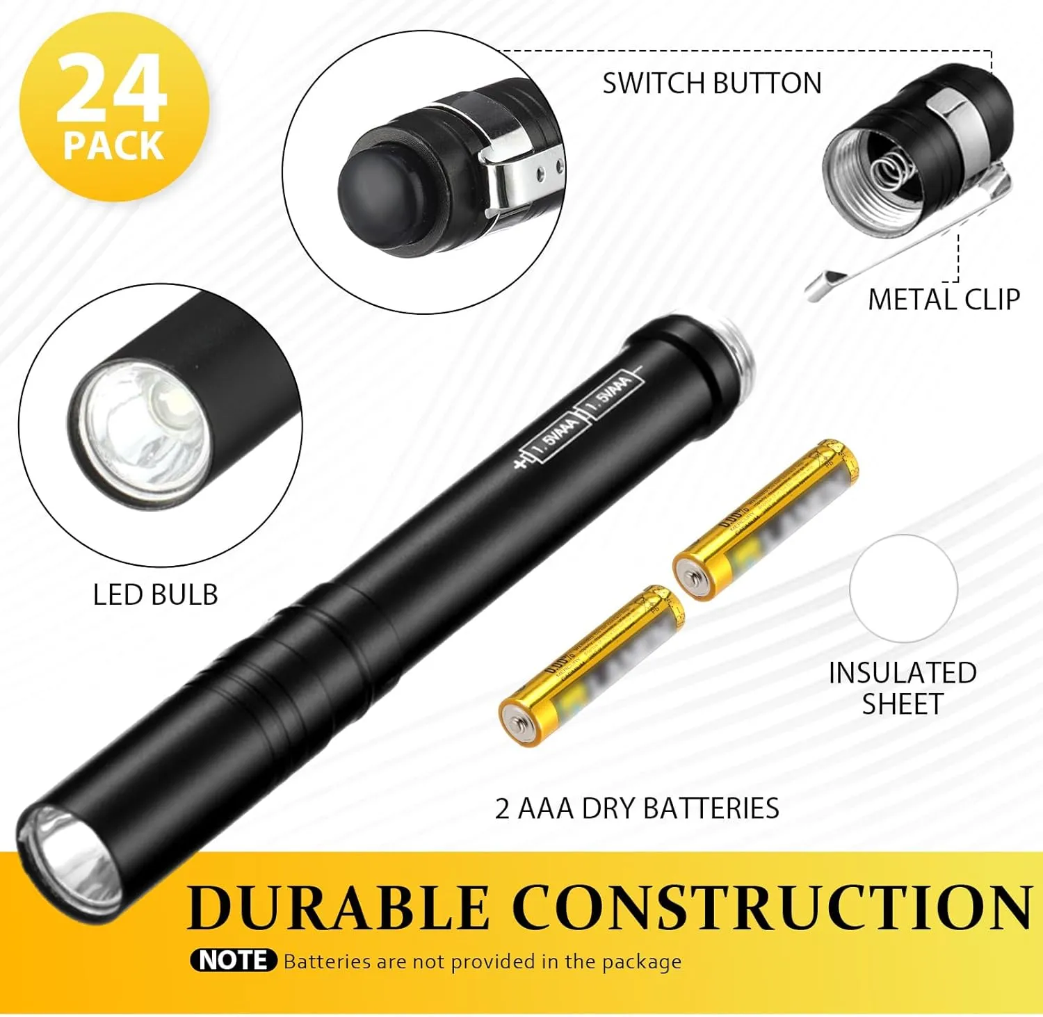 24 Pack Mini Pen Flashlights Bulk LED Pen Lights Aluminum Pocket Flashlights with Clips Small Handheld Torches Gifts for Nurses Camping Hiking Emergency Outdoor (Black,Silver,Yellow)