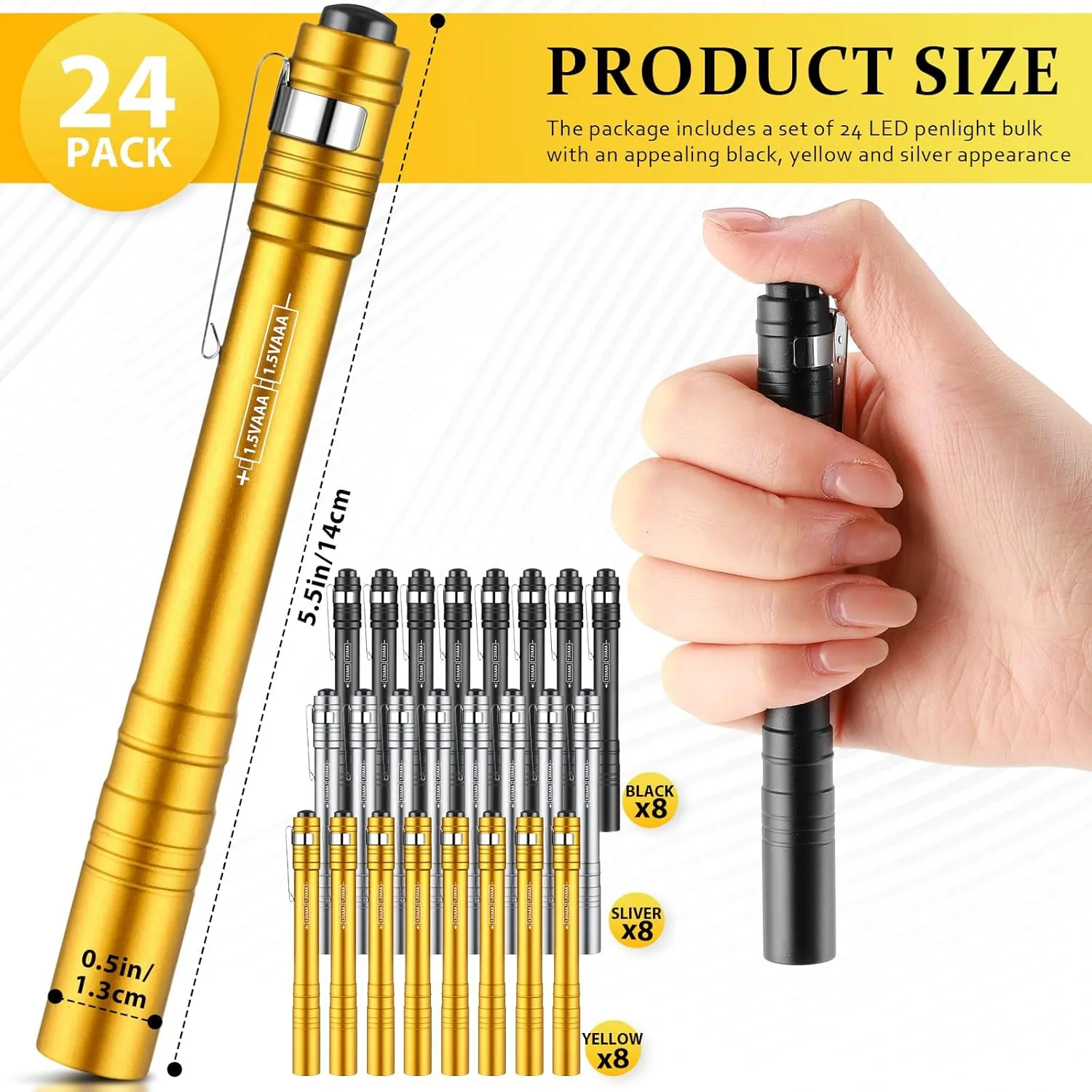 24 Pack Mini Pen Flashlights Bulk LED Pen Lights Aluminum Pocket Flashlights with Clips Small Handheld Torches Gifts for Nurses Camping Hiking Emergency Outdoor (Black,Silver,Yellow)