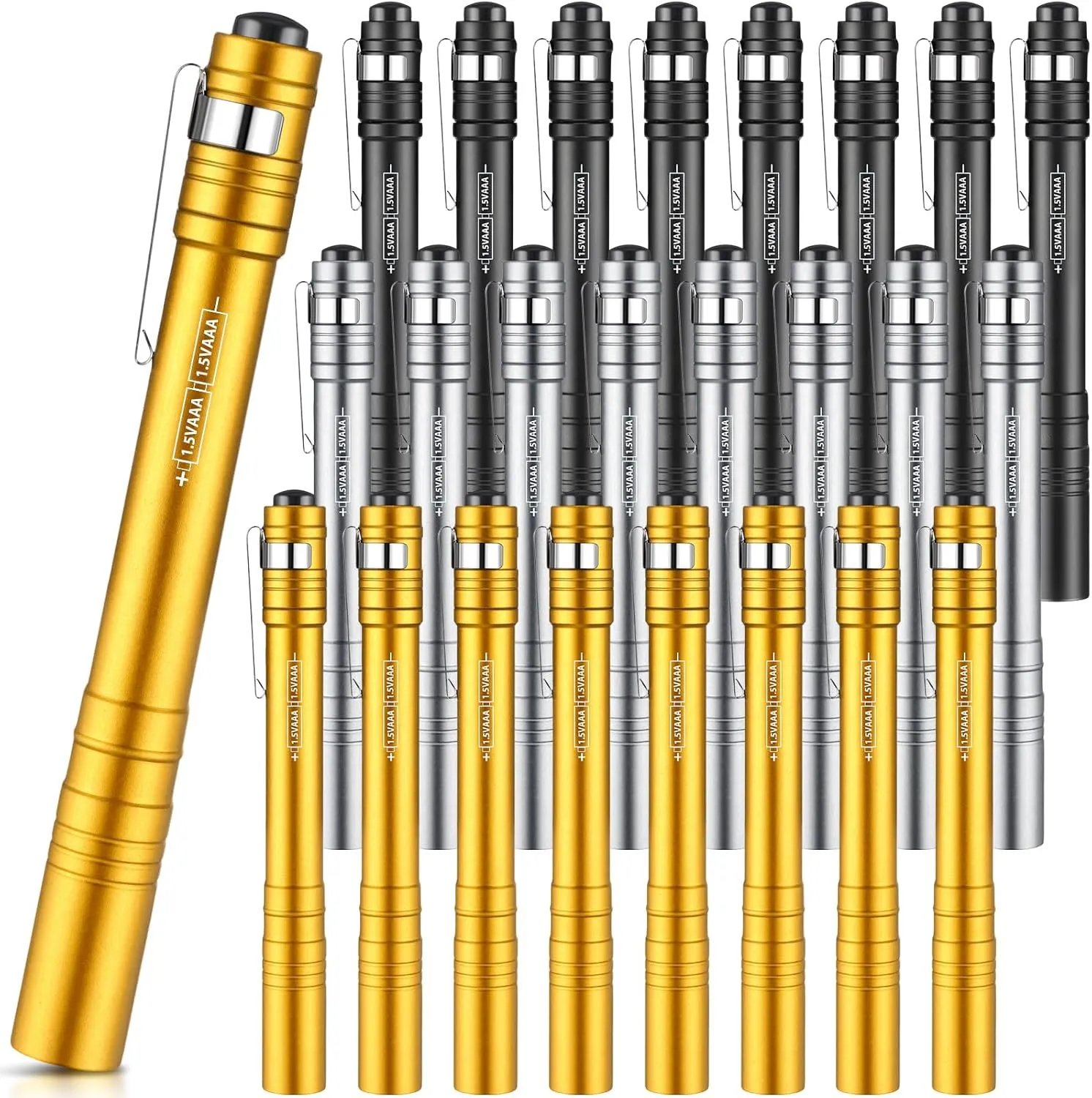 24 Pack Mini Pen Flashlights Bulk LED Pen Lights Aluminum Pocket Flashlights with Clips Small Handheld Torches Gifts for Nurses Camping Hiking Emergency Outdoor (Black,Silver,Yellow)