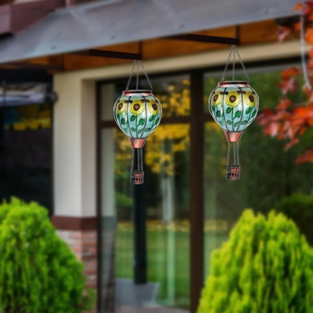 2PCS Glass Hot Air Balloon Solar Lanterns with Flickering Flame, Hanging Light Outdoor Waterproof with Shepherd's Hooks for Garden Yard Decor, 18" H Sunflower