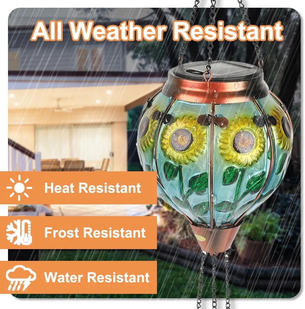 2PCS Glass Hot Air Balloon Solar Lanterns with Flickering Flame, Hanging Light Outdoor Waterproof with Shepherd's Hooks for Garden Yard Decor, 18" H Sunflower