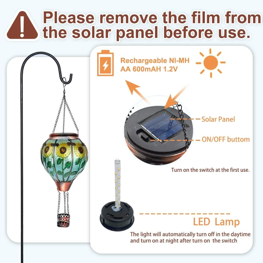 2PCS Glass Hot Air Balloon Solar Lanterns with Flickering Flame, Hanging Light Outdoor Waterproof with Shepherd's Hooks for Garden Yard Decor, 18" H Sunflower