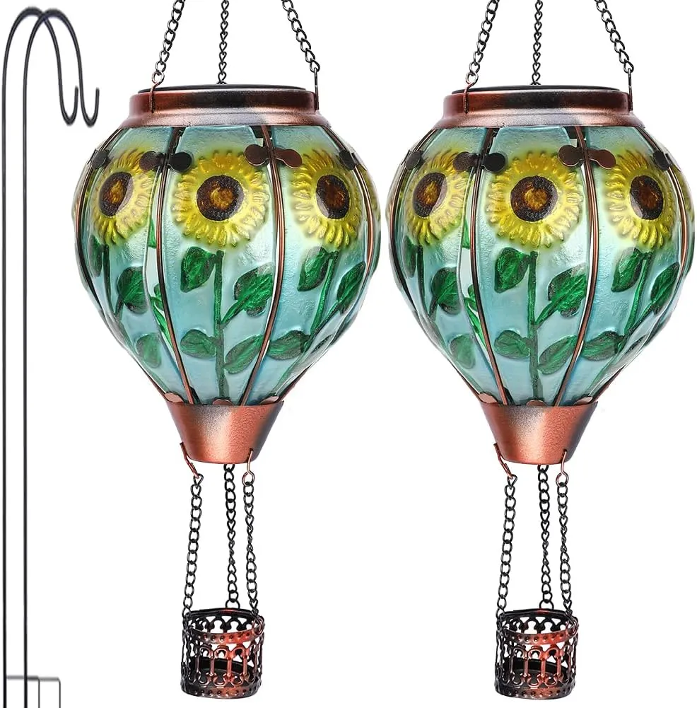 2PCS Glass Hot Air Balloon Solar Lanterns with Flickering Flame, Hanging Light Outdoor Waterproof with Shepherd's Hooks for Garden Yard Decor, 18" H Sunflower