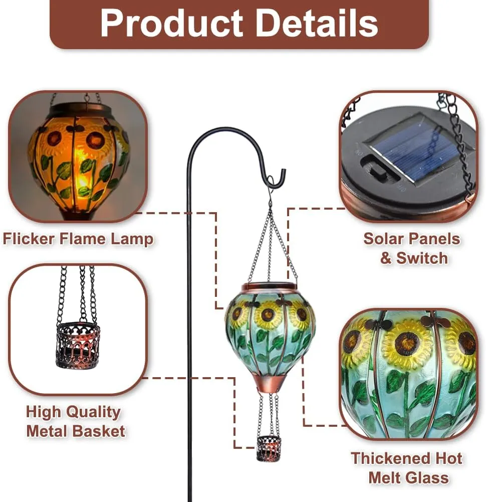 2PCS Glass Hot Air Balloon Solar Lanterns with Flickering Flame, Hanging Light Outdoor Waterproof with Shepherd's Hooks for Garden Yard Decor, 18" H Sunflower