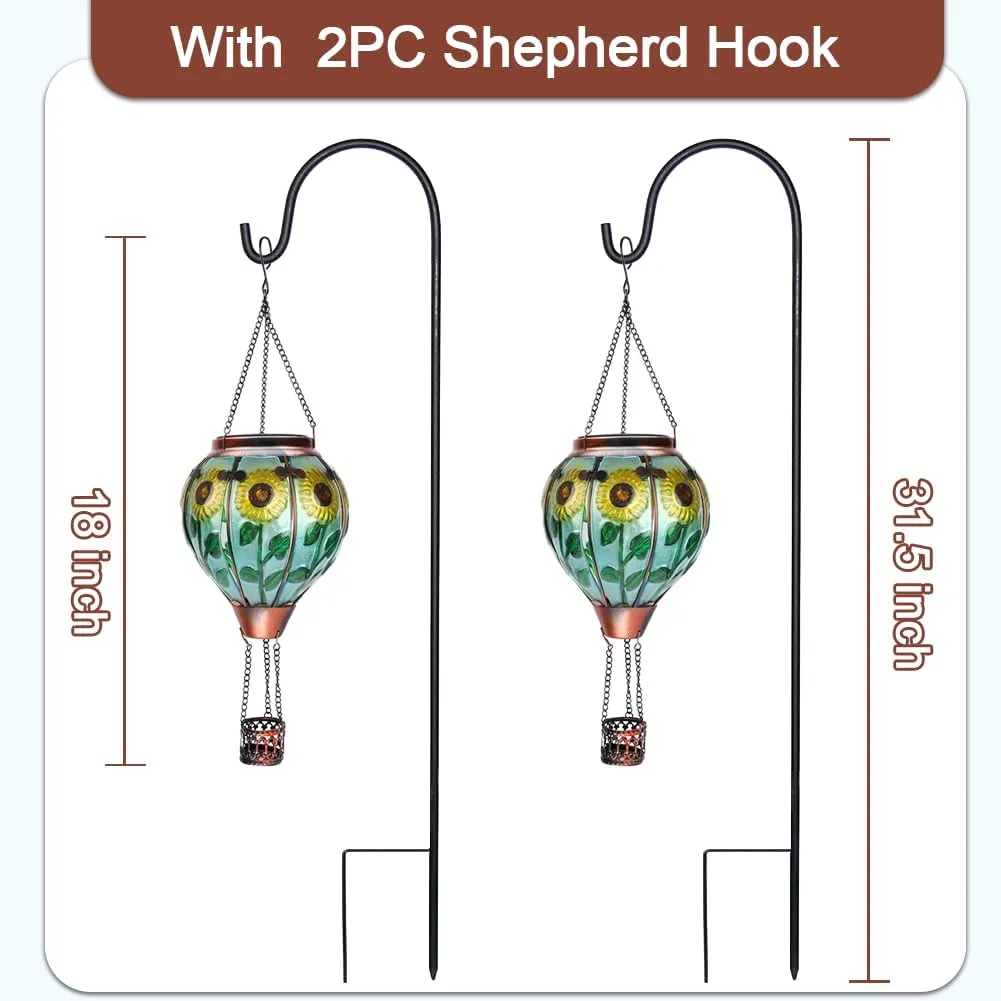 2PCS Glass Hot Air Balloon Solar Lanterns with Flickering Flame, Hanging Light Outdoor Waterproof with Shepherd's Hooks for Garden Yard Decor, 18" H Sunflower