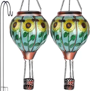 2PCS Glass Hot Air Balloon Solar Lanterns with Flickering Flame, Hanging Light Outdoor Waterproof with Shepherd's Hooks for Garden Yard Decor, 18" H Sunflower