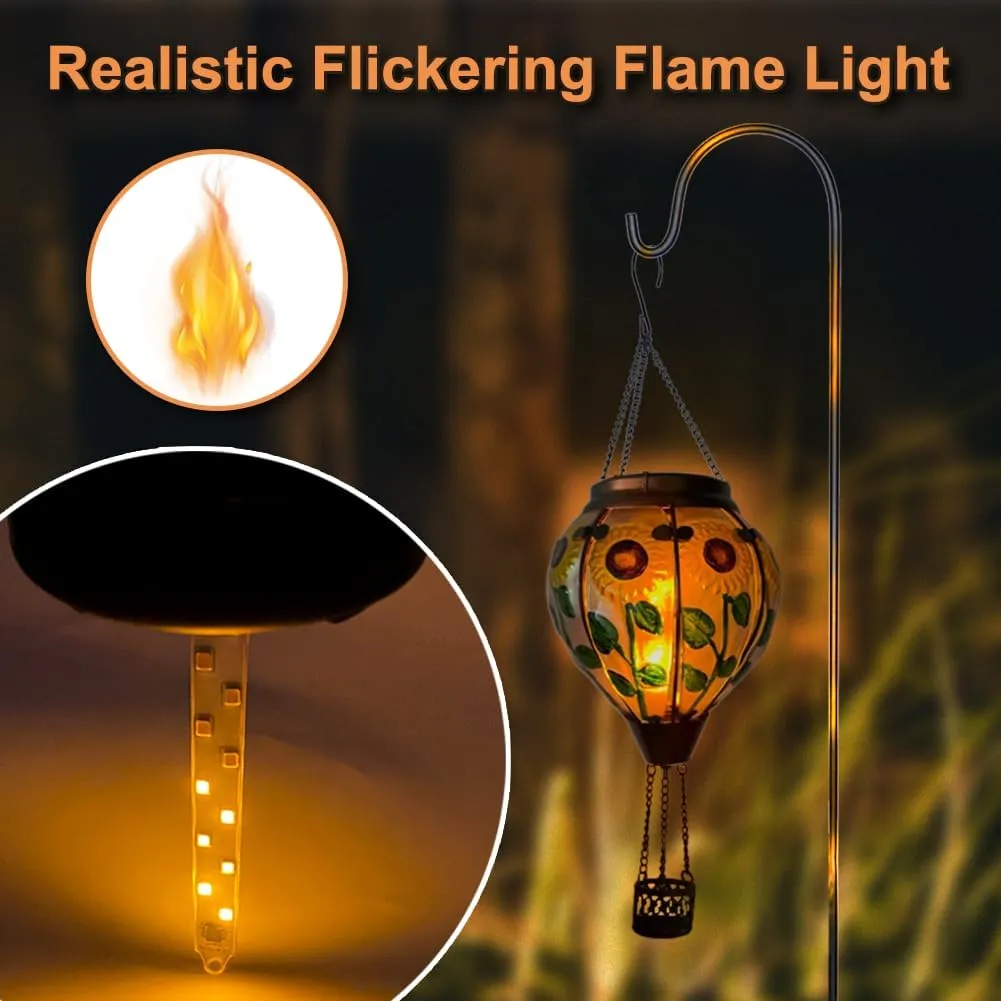 2PCS Glass Hot Air Balloon Solar Lanterns with Flickering Flame, Hanging Light Outdoor Waterproof with Shepherd's Hooks for Garden Yard Decor, 18" H Sunflower