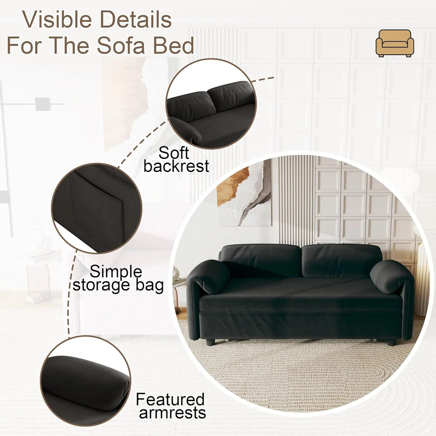 3 in 1 Convertible Sleeper Sofabed W/Pillow-top Armrests, Functional Loveseat Sofa Living Room Chaise Lounge Daybed Convertible Sofabed with Pull Out Sleeper Couch Bed ,Reclining Backrest and Pockets