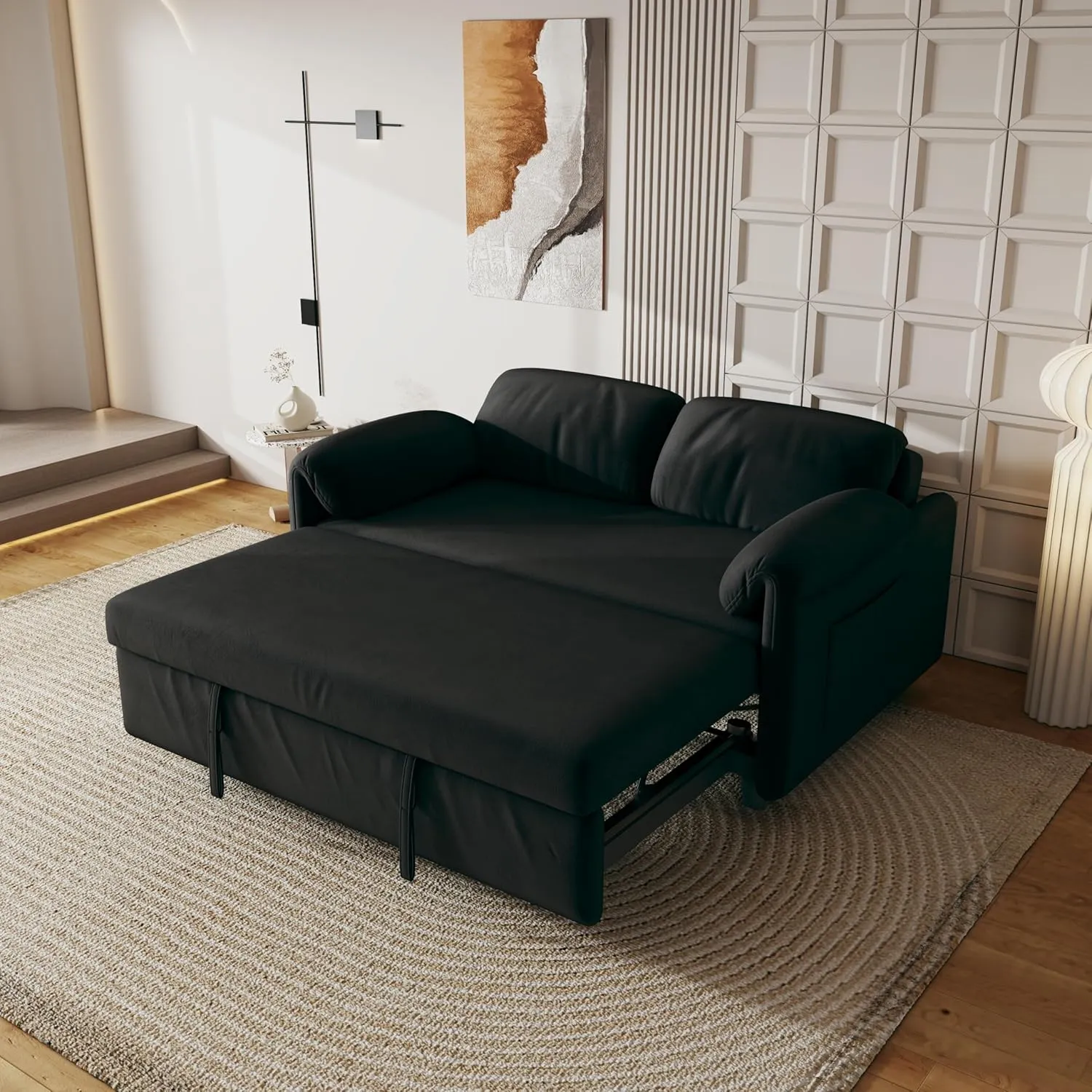 3 in 1 Convertible Sleeper Sofabed W/Pillow-top Armrests, Functional Loveseat Sofa Living Room Chaise Lounge Daybed Convertible Sofabed with Pull Out Sleeper Couch Bed ,Reclining Backrest and Pockets