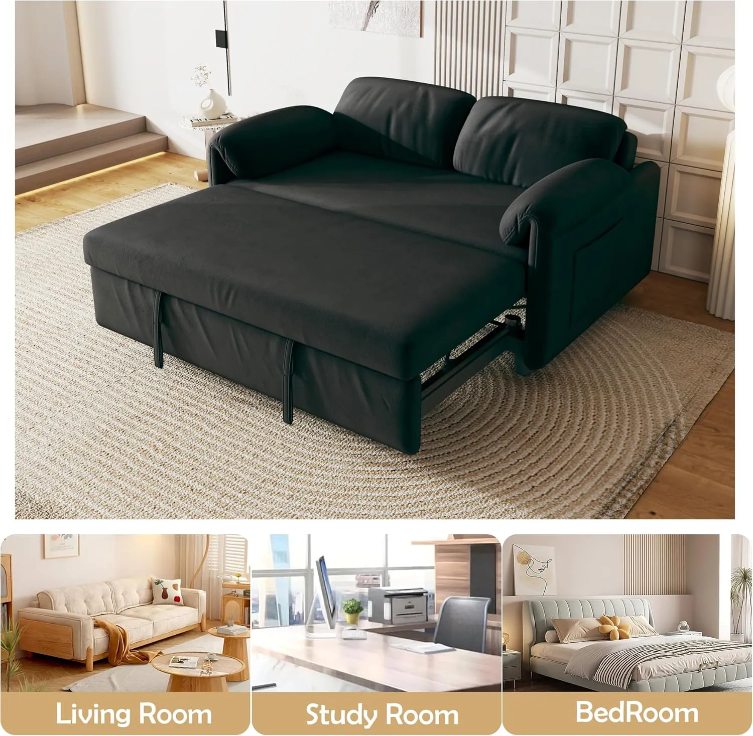 3 in 1 Convertible Sleeper Sofabed W/Pillow-top Armrests, Functional Loveseat Sofa Living Room Chaise Lounge Daybed Convertible Sofabed with Pull Out Sleeper Couch Bed ,Reclining Backrest and Pockets