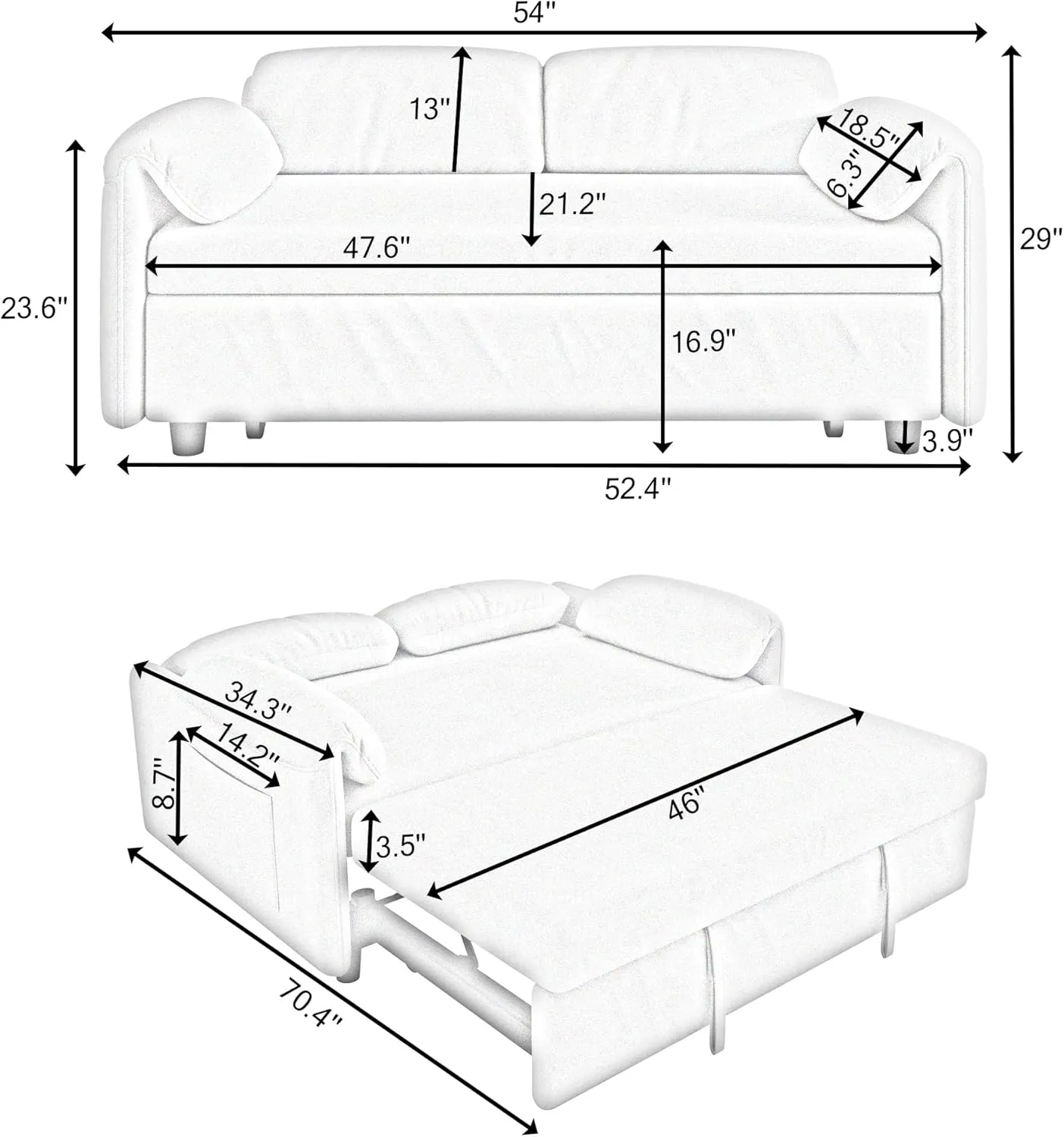 3 in 1 Convertible Sleeper Sofabed W/Pillow-top Armrests, Functional Loveseat Sofa Living Room Chaise Lounge Daybed Convertible Sofabed with Pull Out Sleeper Couch Bed ,Reclining Backrest and Pockets