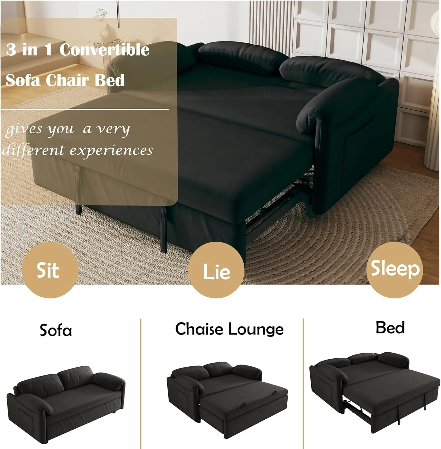 3 in 1 Convertible Sleeper Sofabed W/Pillow-top Armrests, Functional Loveseat Sofa Living Room Chaise Lounge Daybed Convertible Sofabed with Pull Out Sleeper Couch Bed ,Reclining Backrest and Pockets