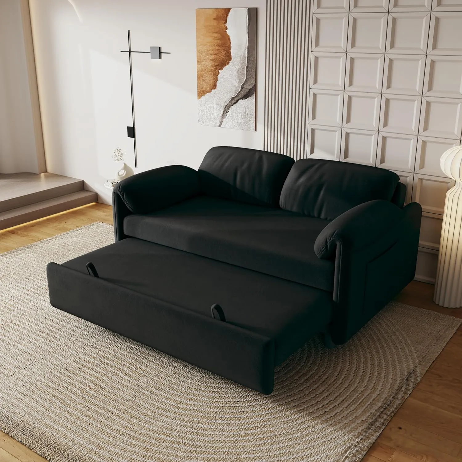 3 in 1 Convertible Sleeper Sofabed W/Pillow-top Armrests, Functional Loveseat Sofa Living Room Chaise Lounge Daybed Convertible Sofabed with Pull Out Sleeper Couch Bed ,Reclining Backrest and Pockets