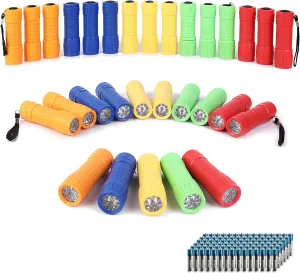 30-Pack Small Mini Flashlight Set, 5 Colors, 9-LED Handheld Flashlight with Lanyard,90-Pack AAA Battery Included for Kids/Night Reading/Party/Camping/Emergency/Hunting(30 Pack)