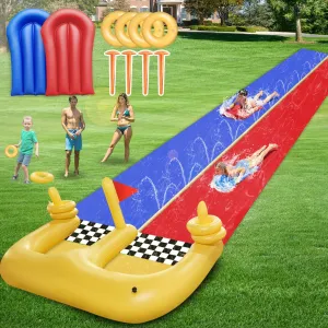 33FT Lawn Water Slide and 2 Inflatable Boards 4 Ring Toss, Extra Long Double Lawn Splash Mat Pad with Sprinkler for Kids Adults Backyard Summer Water Toy Outdoor Fun Carnival Game