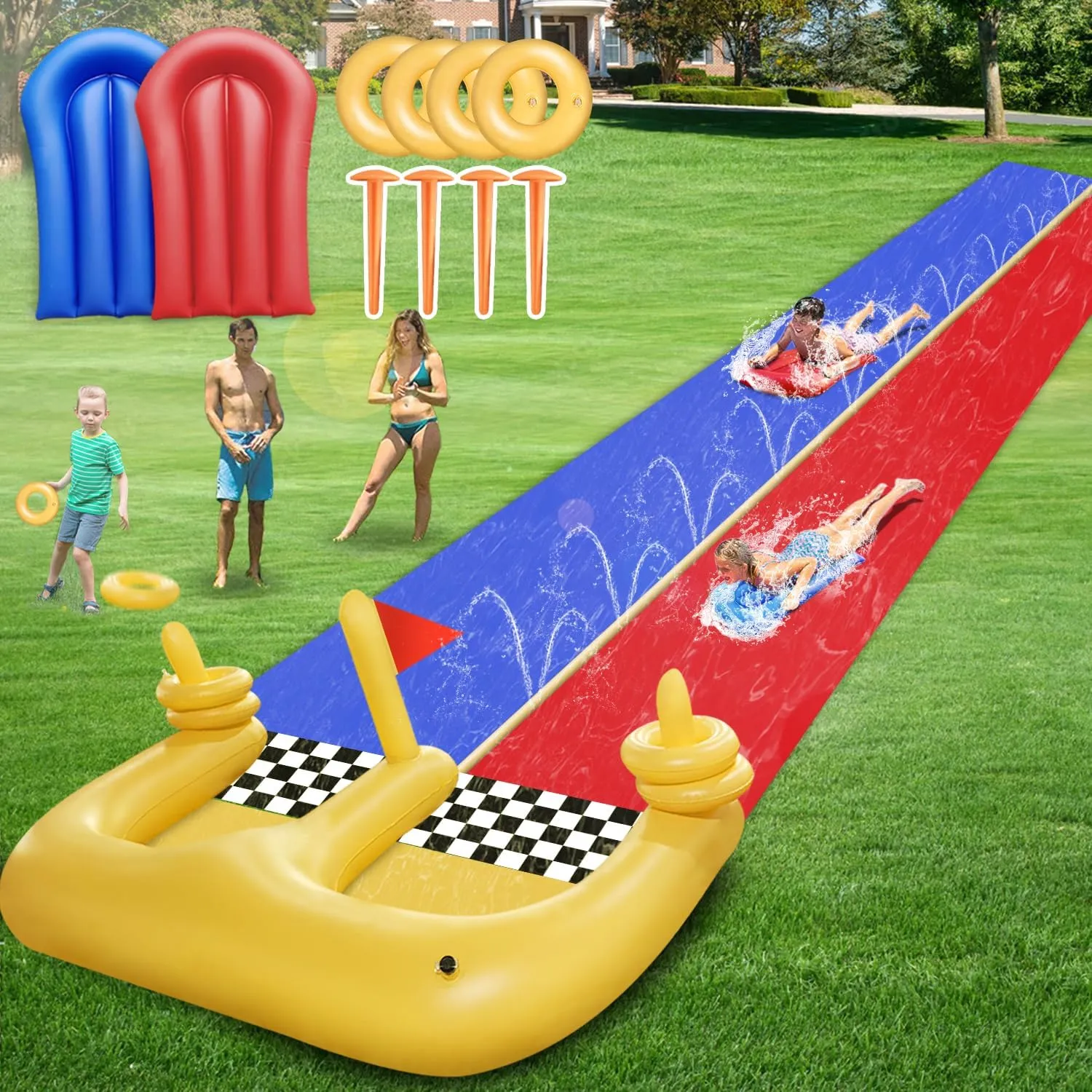 33FT Lawn Water Slide and 2 Inflatable Boards 4 Ring Toss, Extra Long Double Lawn Splash Mat Pad with Sprinkler for Kids Adults Backyard Summer Water Toy Outdoor Fun Carnival Game