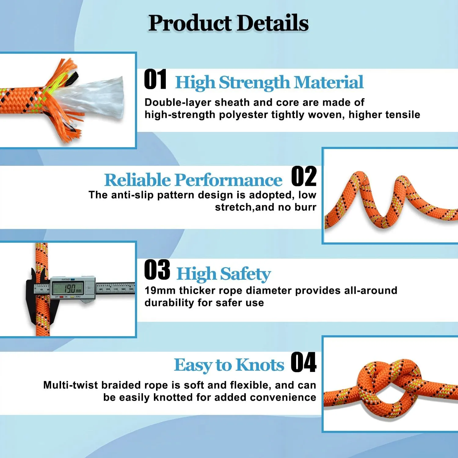 3/4 Inch x 50 Feet Double Braided Arborist Rigging Rope - Heavy Duty Polyester Rope for Tree Work Climbing Swing Nautical Outdoor Adventures, Orange