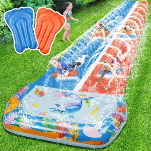 40FT Slip Double Water Slides with 2 Bodyboards, Extra Long Lawn Water Slides for Kids Adults Heavy Duty, Giant Outdoor Water Slip Toys with Crash Pad for Backyard Summer Party