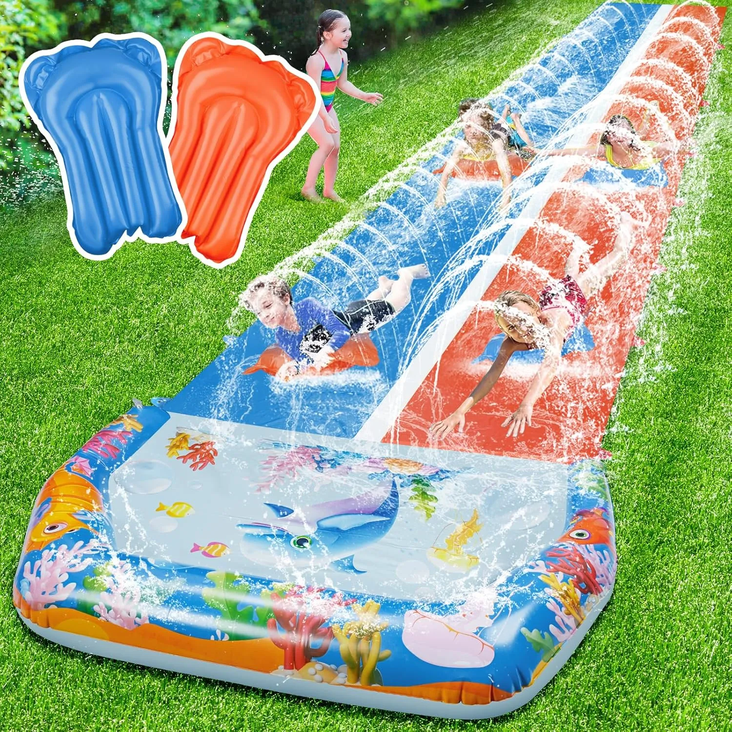 40FT Slip Double Water Slides with 2 Bodyboards, Extra Long Lawn Water Slides for Kids Adults Heavy Duty, Giant Outdoor Water Slip Toys with Crash Pad for Backyard Summer Party