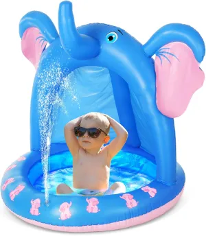47 Inches Baby Pool with Canopy Elephant Inflatable Baby Swimming Pool with Soft Floor Bottom and Built in Sunshade Water Sprinkler for Kids Outdoor Indoor Game Play Center