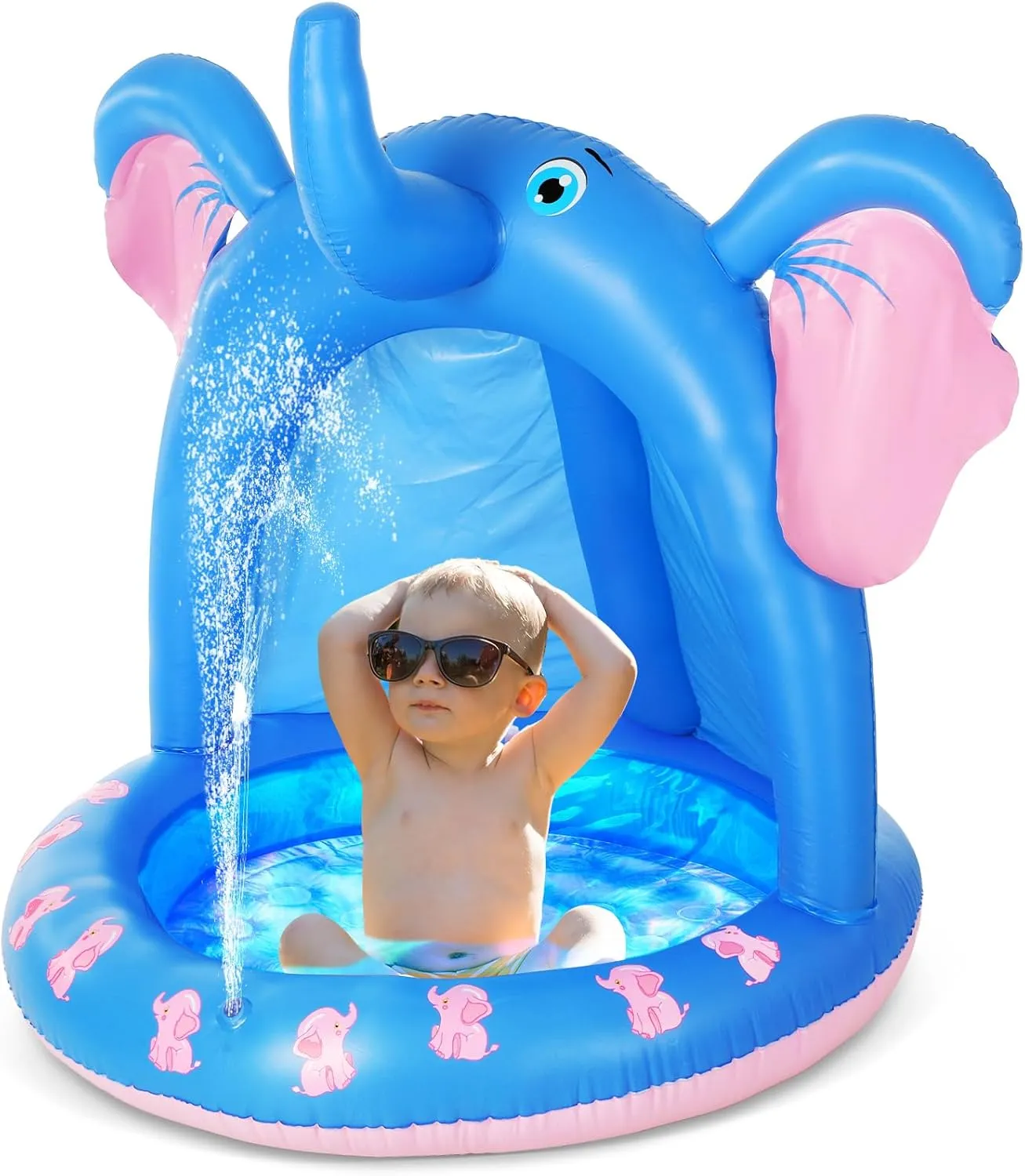 47 Inches Baby Pool with Canopy Elephant Inflatable Baby Swimming Pool with Soft Floor Bottom and Built in Sunshade Water Sprinkler for Kids Outdoor Indoor Game Play Center
