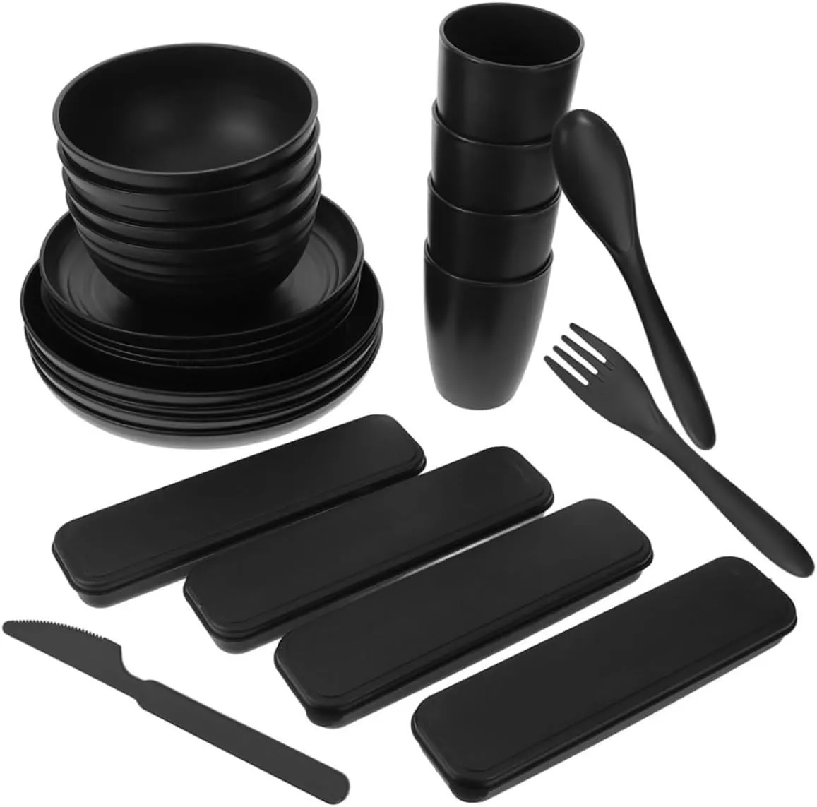 4sets Utensil with Case Includes Bowls Dessert Plates Spoons Forks for Camping Picnics Parties Easy to Clean Portable Dining Ware for Outdoor Use