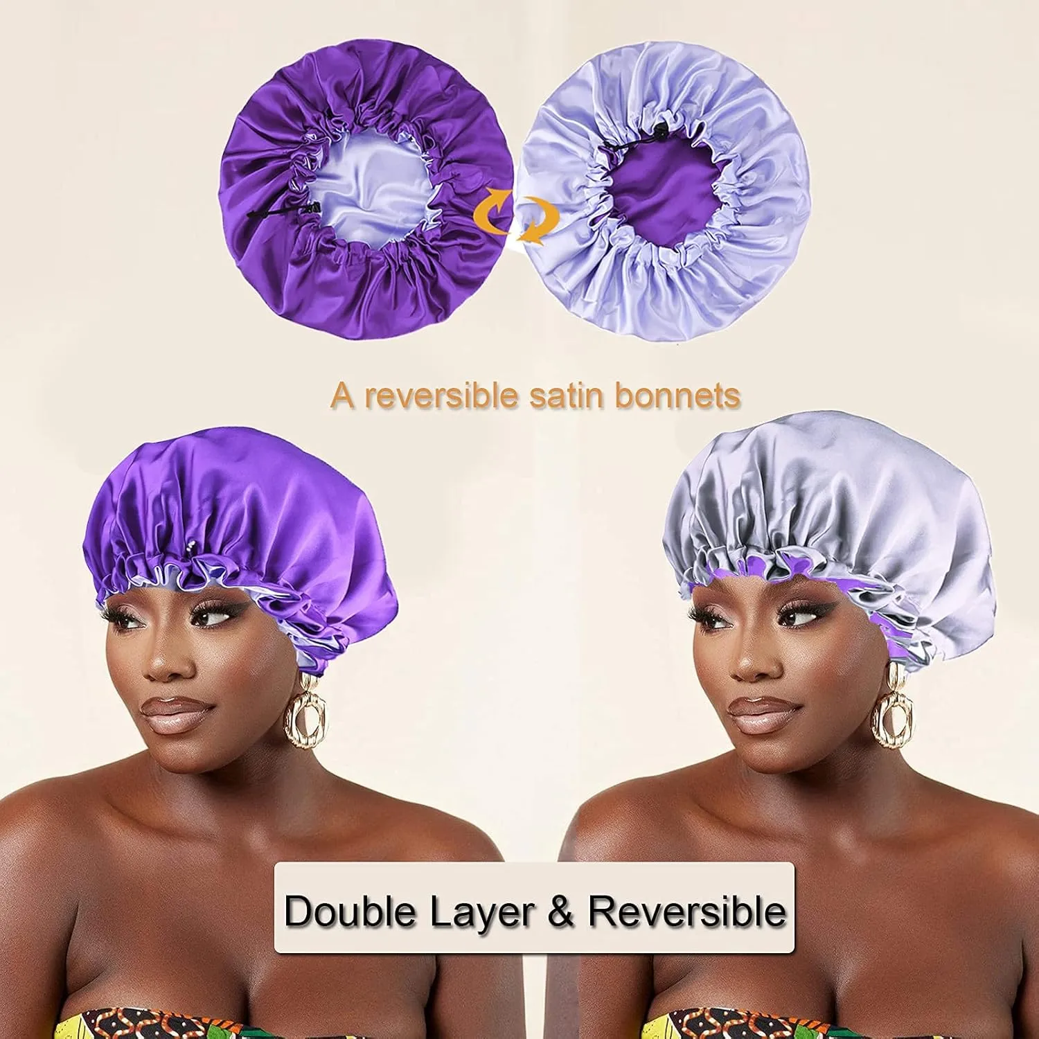 5pcs Satin Silk Hair Bonnet for Sleeping Women, Sleep Bonnets for Women, Silky Double Layer Adjustable Sleep Cap for Curly Hair Braids