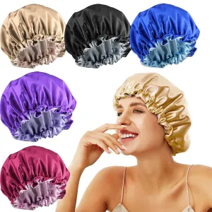 5pcs Satin Silk Hair Bonnet for Sleeping Women, Sleep Bonnets for Women, Silky Double Layer Adjustable Sleep Cap for Curly Hair Braids