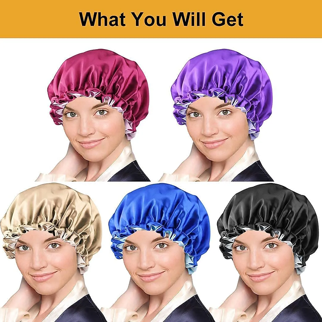 5pcs Satin Silk Hair Bonnet for Sleeping Women, Sleep Bonnets for Women, Silky Double Layer Adjustable Sleep Cap for Curly Hair Braids